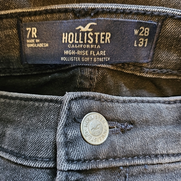Hollister Washed Black Soft Stretch High Rise Raw Hem Split Leg Flare Jeans - Picture 10 of 11